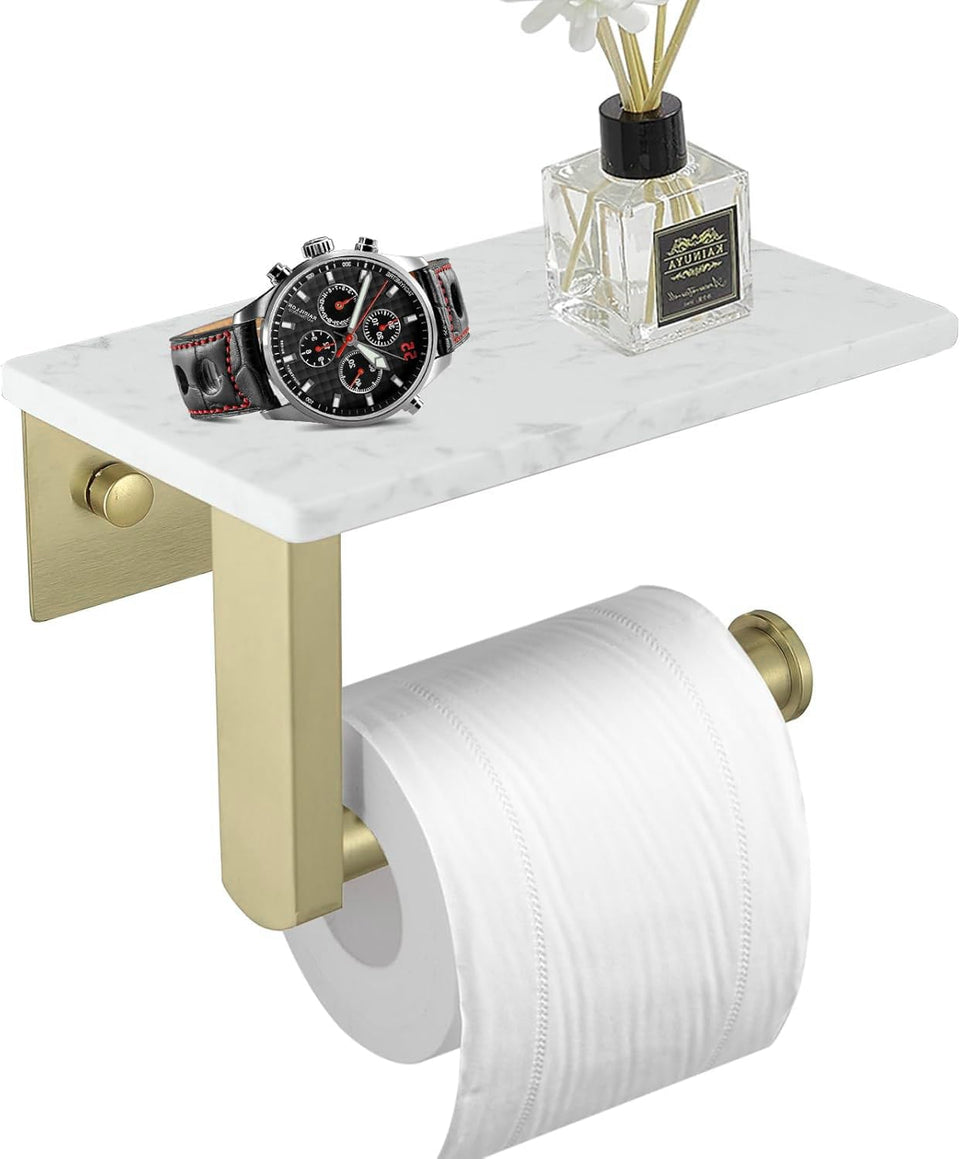 BWE Brushed Gold Toilet Paper Holder with Marble Shelf, stylish bathroom storage.