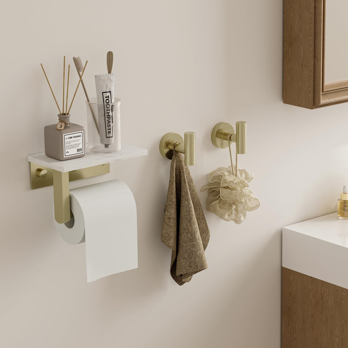 BWE wall-mounted toilet paper holder with marble shelf saves counter space.