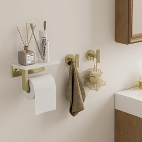 BWE wall-mounted toilet paper holder with marble shelf saves counter space.