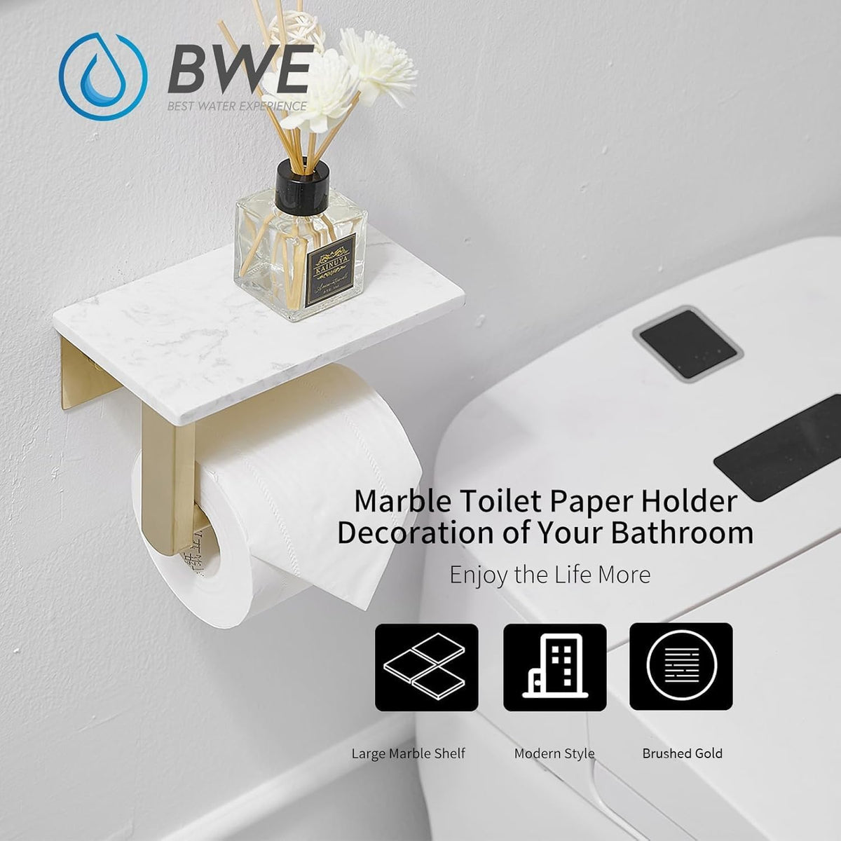 BWE brushed gold finish with marble shelf showcases durable stainless steel construction.