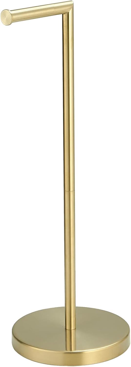 BWE brushed gold freestanding toilet paper holder stand closeup showcases premium stainless steel finish.