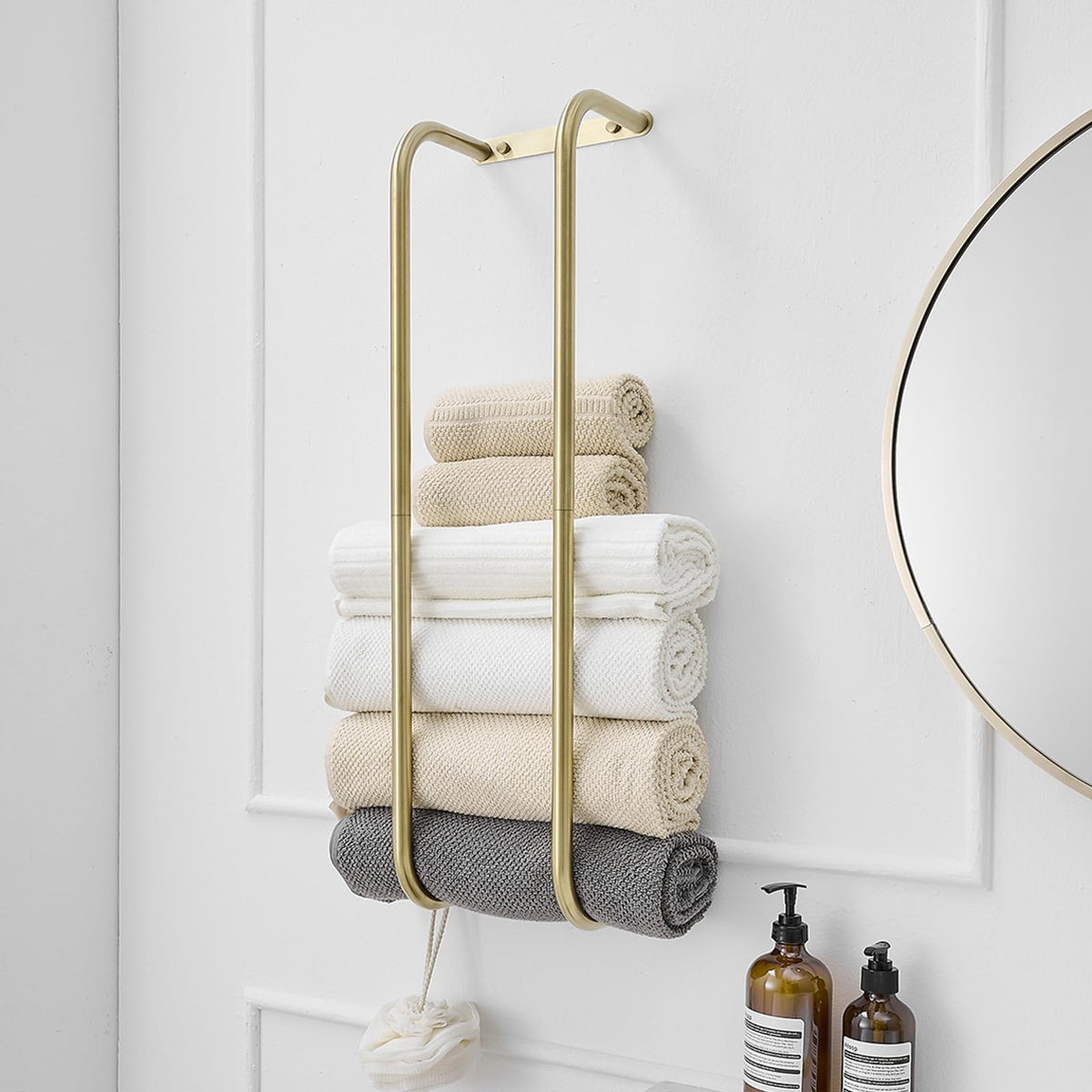 BWE brushed gold towel rack with two bars holds six towels for organized storage