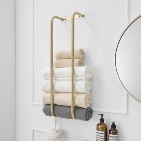 BWE brushed gold towel rack with two bars holds six towels for organized storage