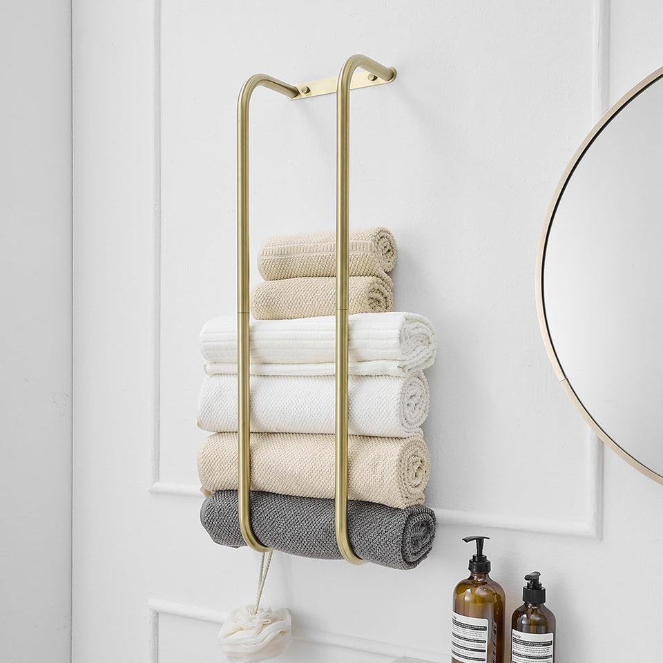 BWE brushed gold towel rack with two bars holds six towels for organized storage