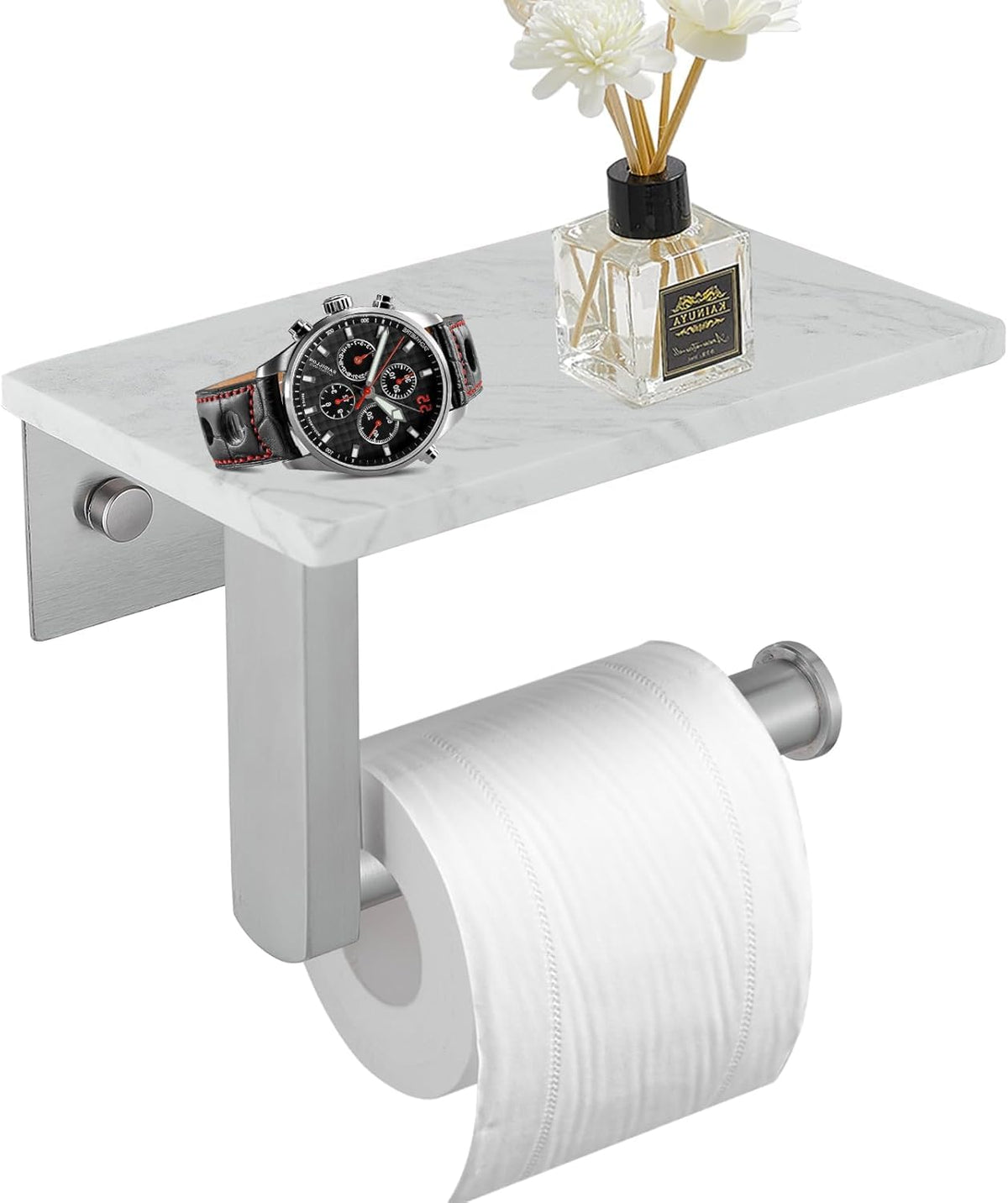 BWE brushed nickel toilet paper holder with marble shelf for stylish bathroom storage.