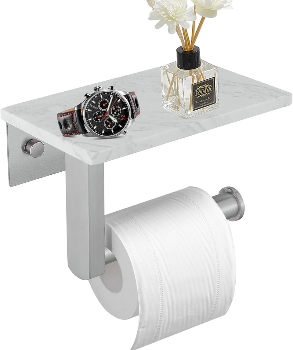 BWE brushed nickel toilet paper holder with marble shelf for stylish bathroom storage.