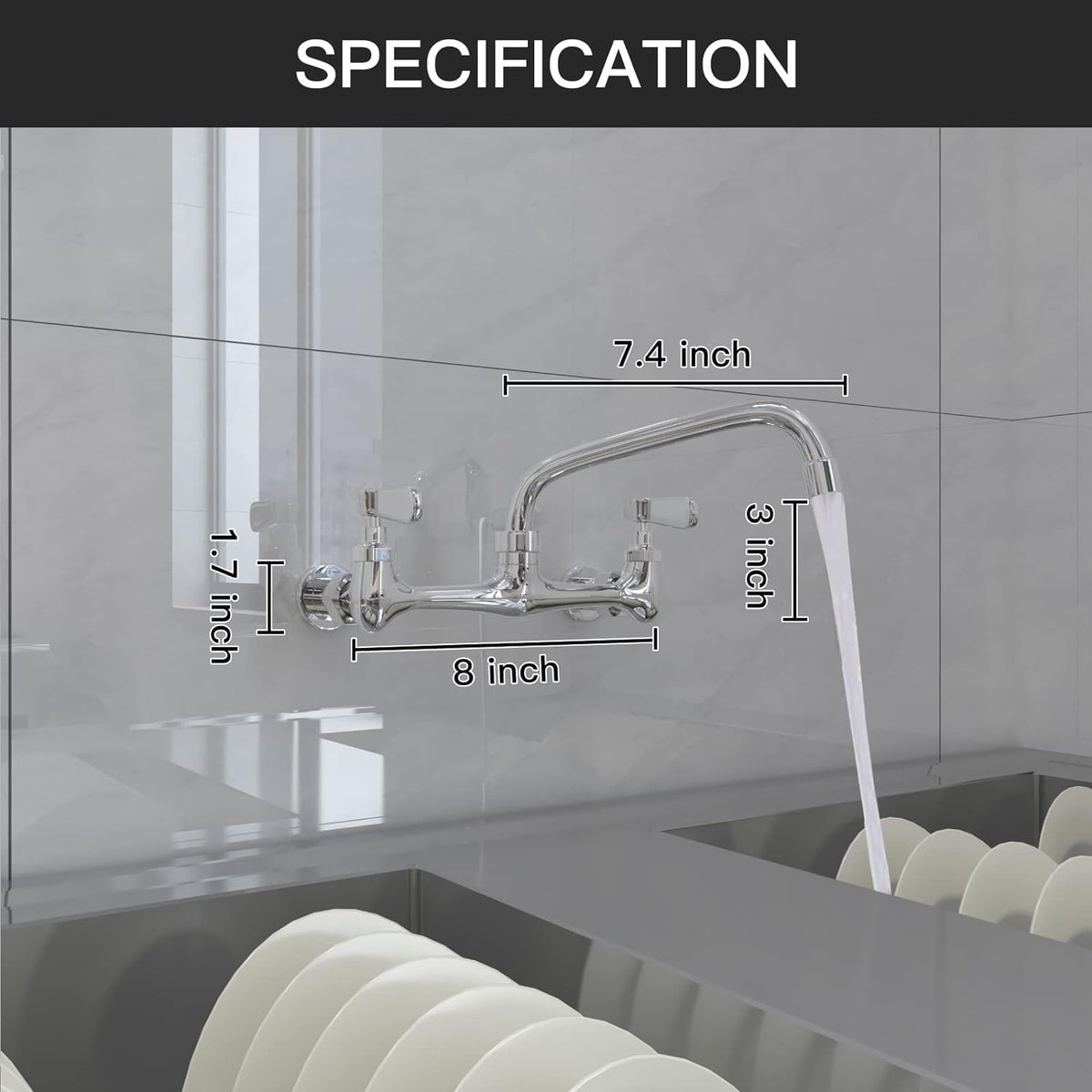 BWE gooseneck spout at 7.4 inches provides ample reach for tasks.