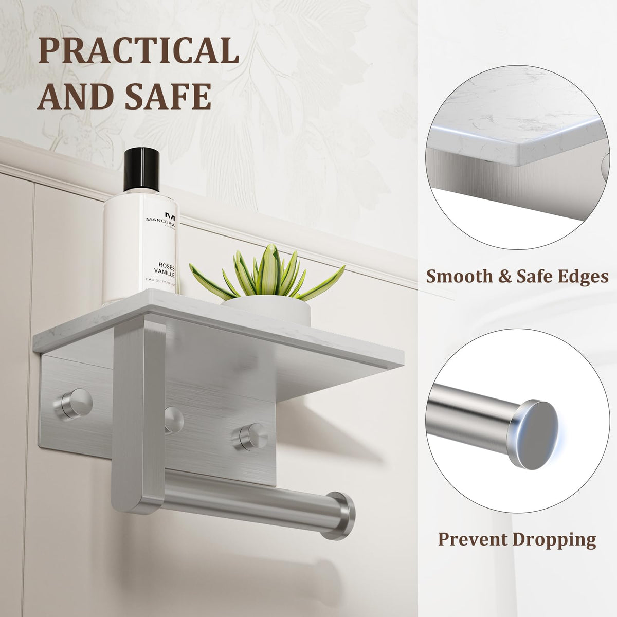Marble shelf provides place for phone, wipes, or fragrance.