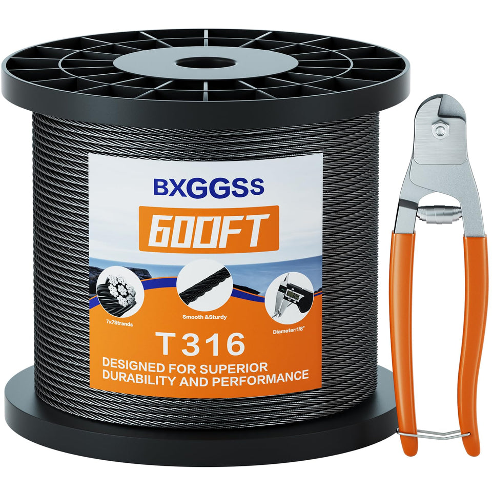 BXGGSS 1/8 T316 black stainless steel cable 600ft for rust-resistant railing projects.