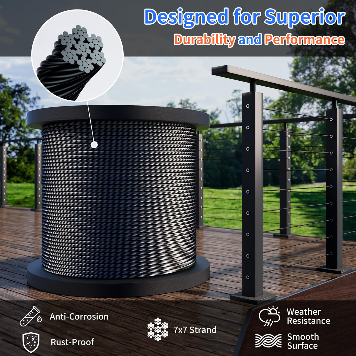 BXGGSS stainless steel cable close-up shows tight strands and corrosion resistance for outdoor use.