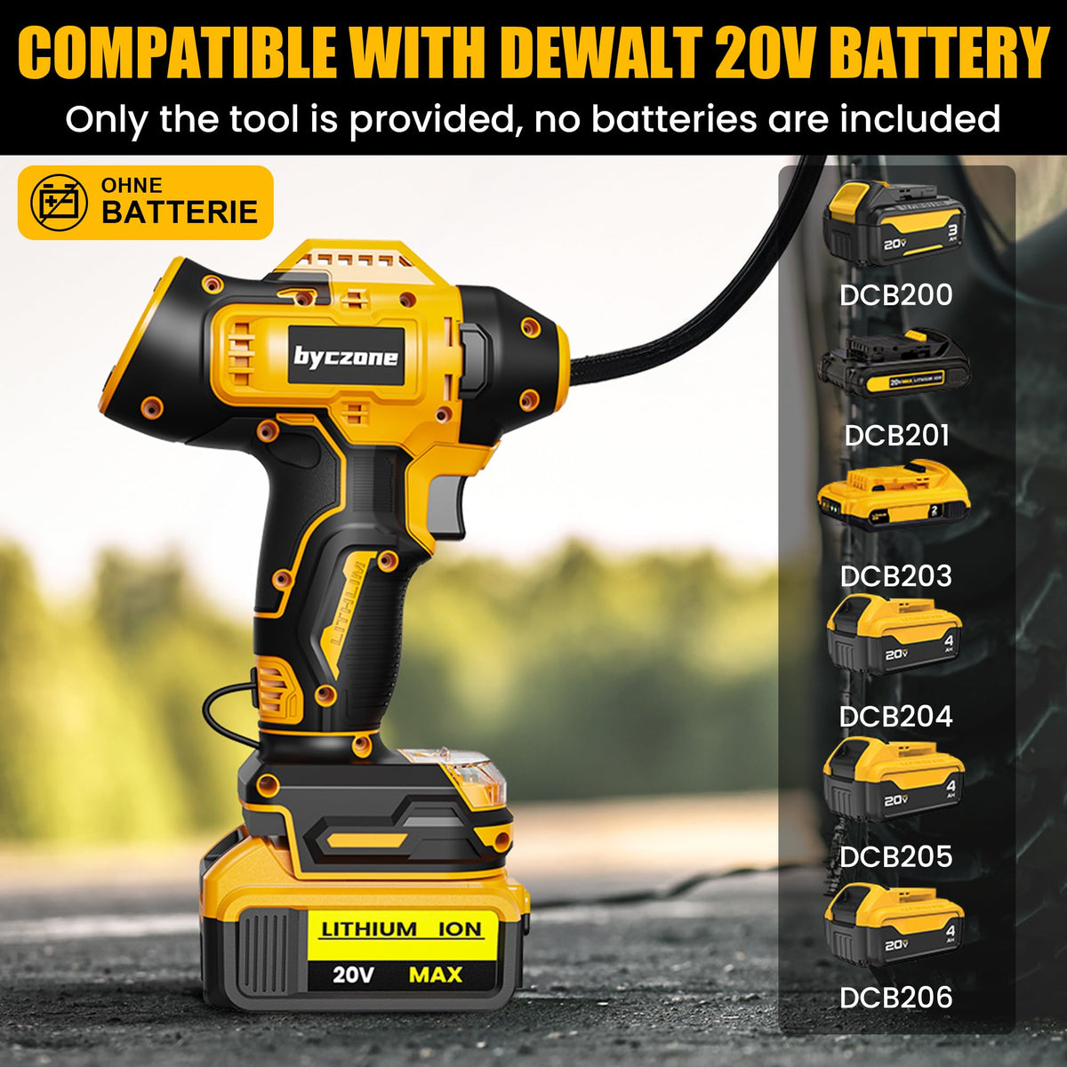 Byczone cordless air compressor powered by Dewalt battery for portable inflation.