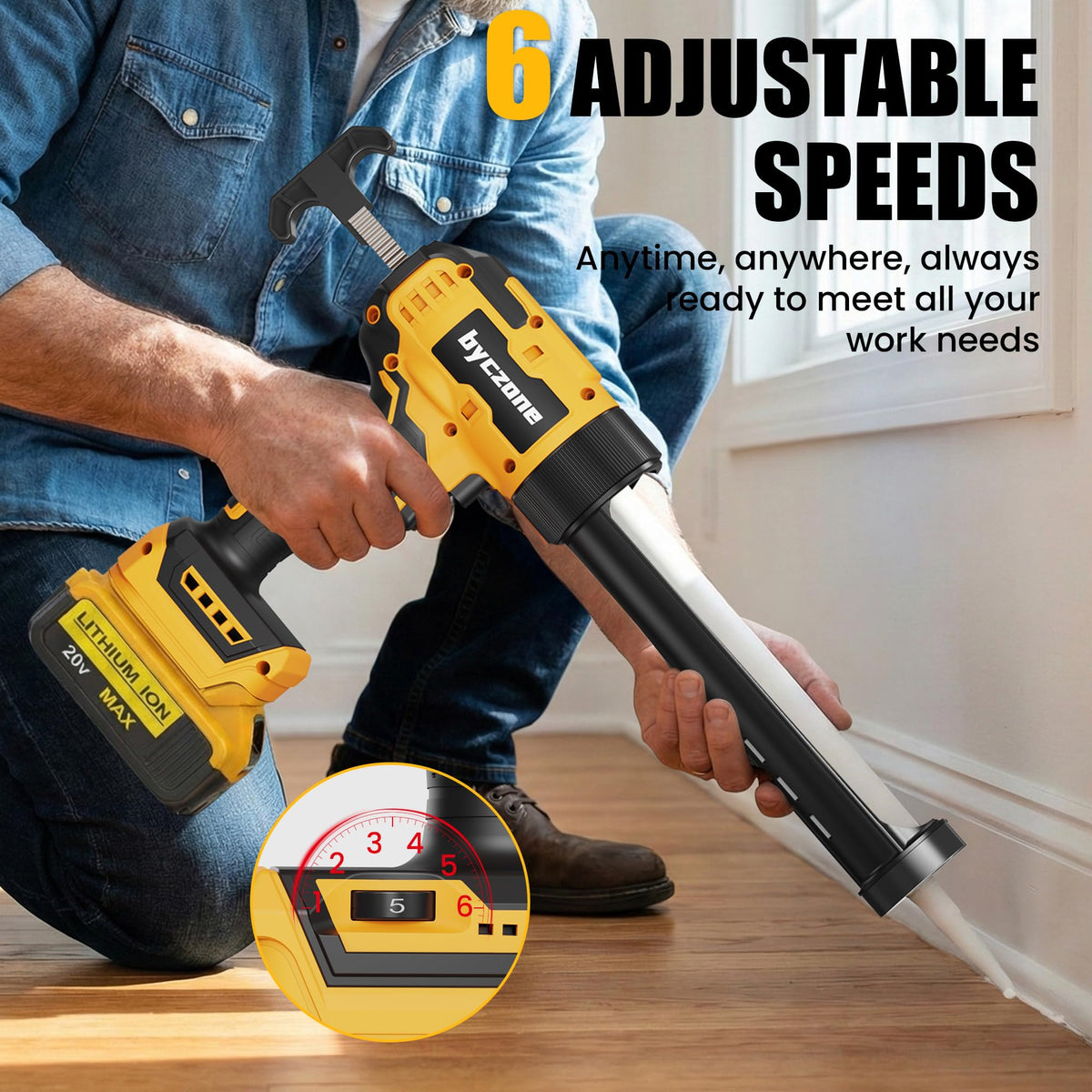 Byczone cordless caulking gun with LED light for precise work in dim corners.