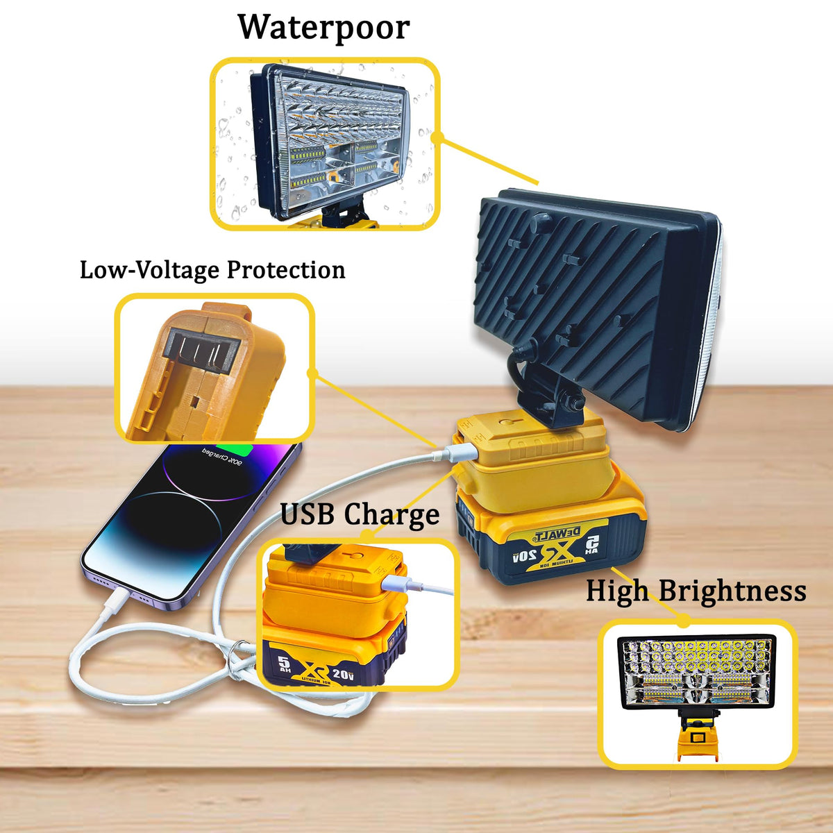 Byczone cordless LED work light with two USB ports for device charging