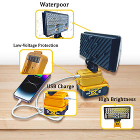 Byczone cordless LED work light with two USB ports for device charging