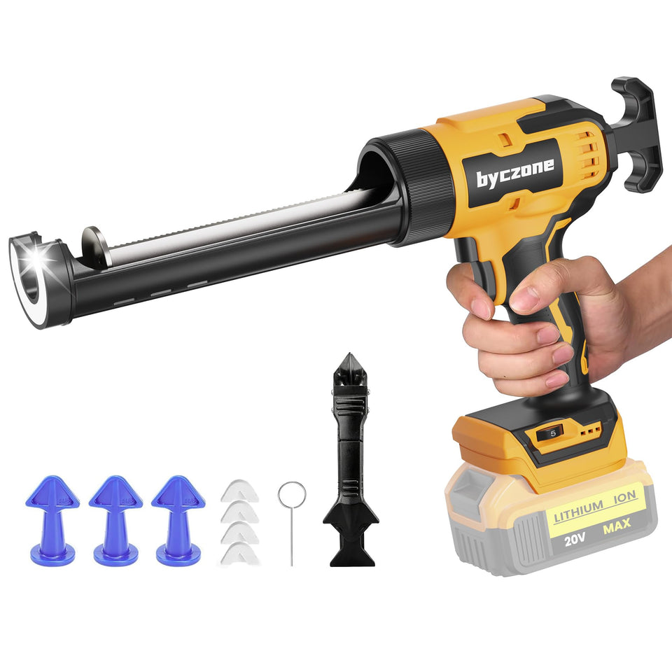 Byczone electric caulking gun with Dewalt 20V Max compatibility enables cordless sealing on windows.
