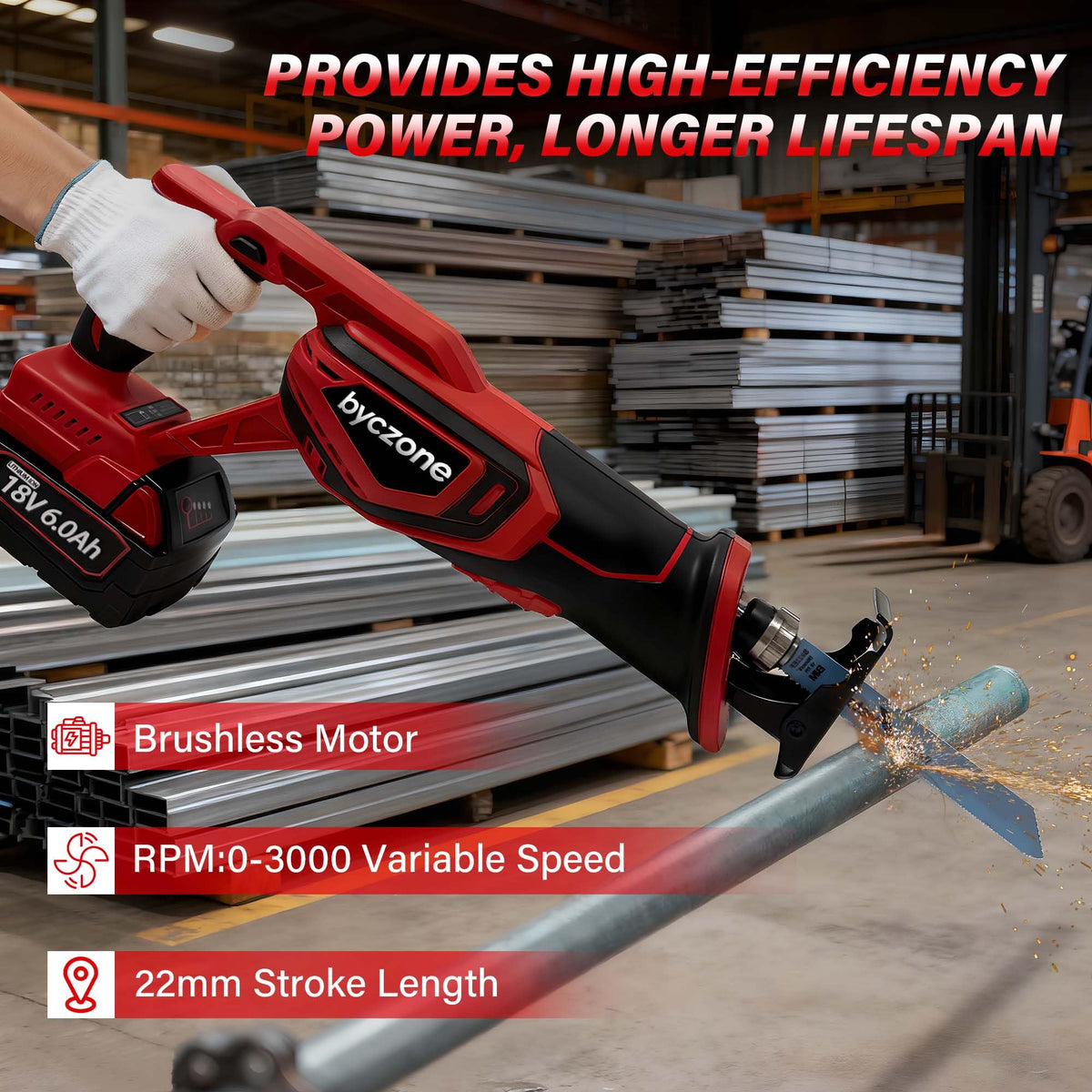Byczone saw delivers up to 3000 SPM with a brushless motor for fast, precise cuts.