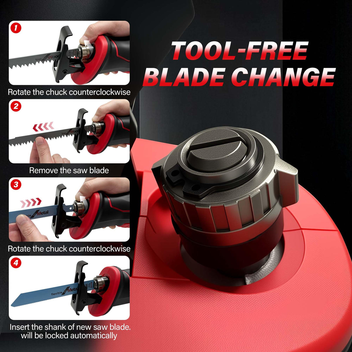 Tool-free blade-change enables quick swaps for wood, metal, and PVC tasks.