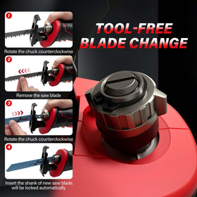 Tool-free blade-change enables quick swaps for wood, metal, and PVC tasks.