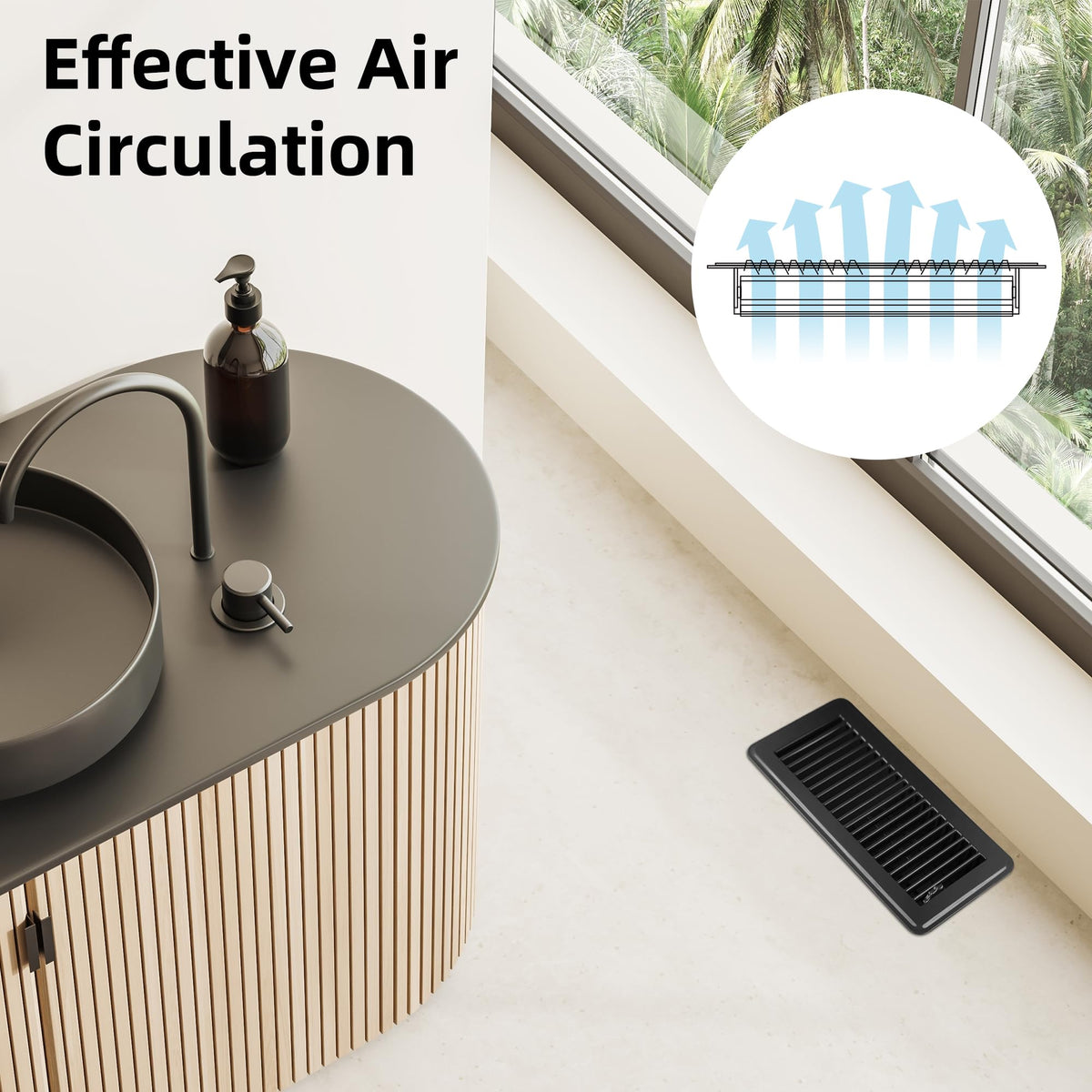 BYEWIRE 4x10 floor register installation shows tool-free drop-in fit.