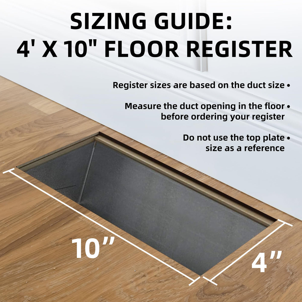 BYEWIRE 4x10 floor register side view highlights rust-resistant powder coat.