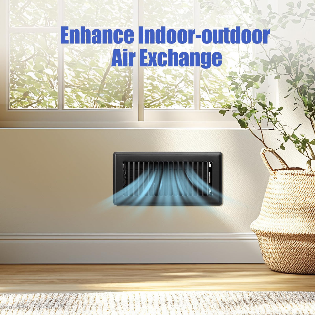 BYEWIRE floor vent covers shown usable on floors, walls, or ceilings in a versatile setup.