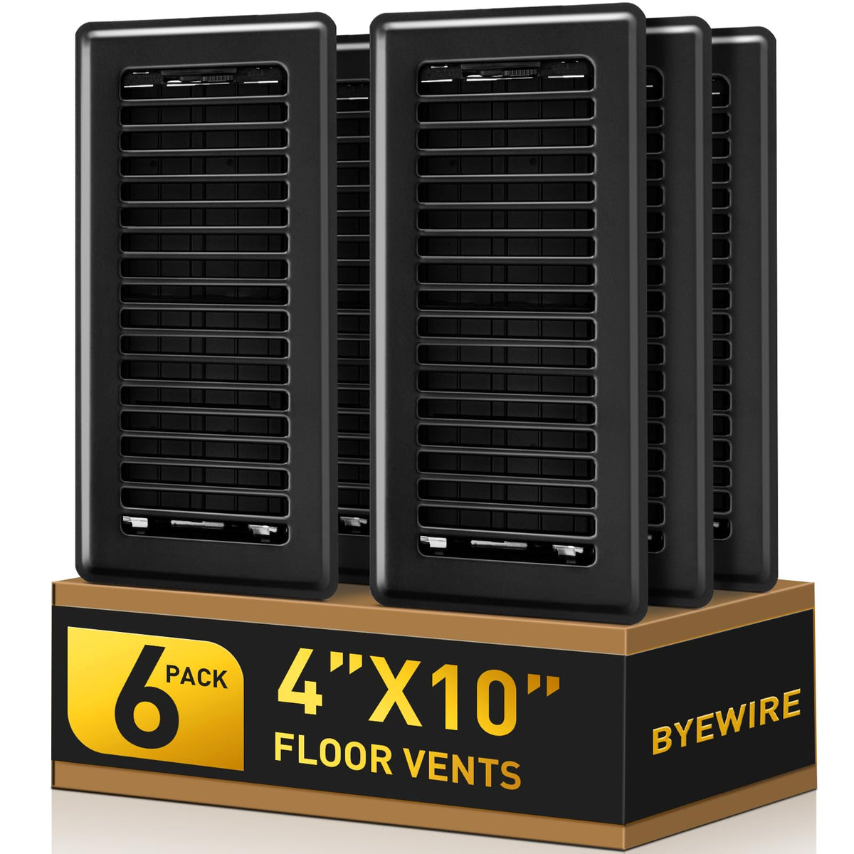 BYEWIRE floor register front view showing durable steel construction for long-lasting airflow control.