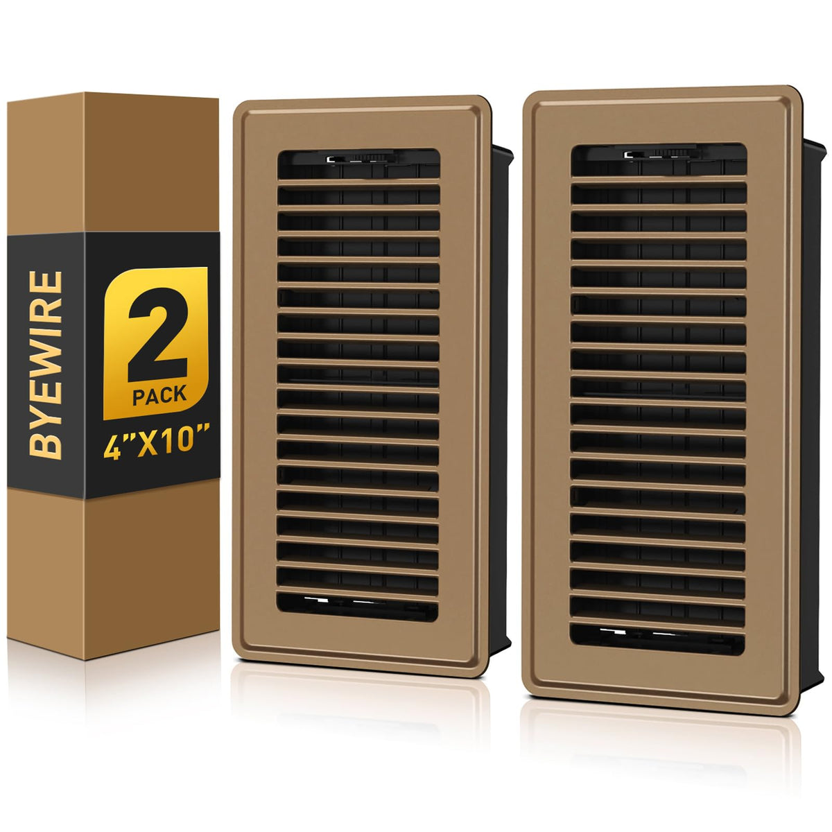 BYEWIRE floor register 4x10 front view enhances floor aesthetics and airflow.