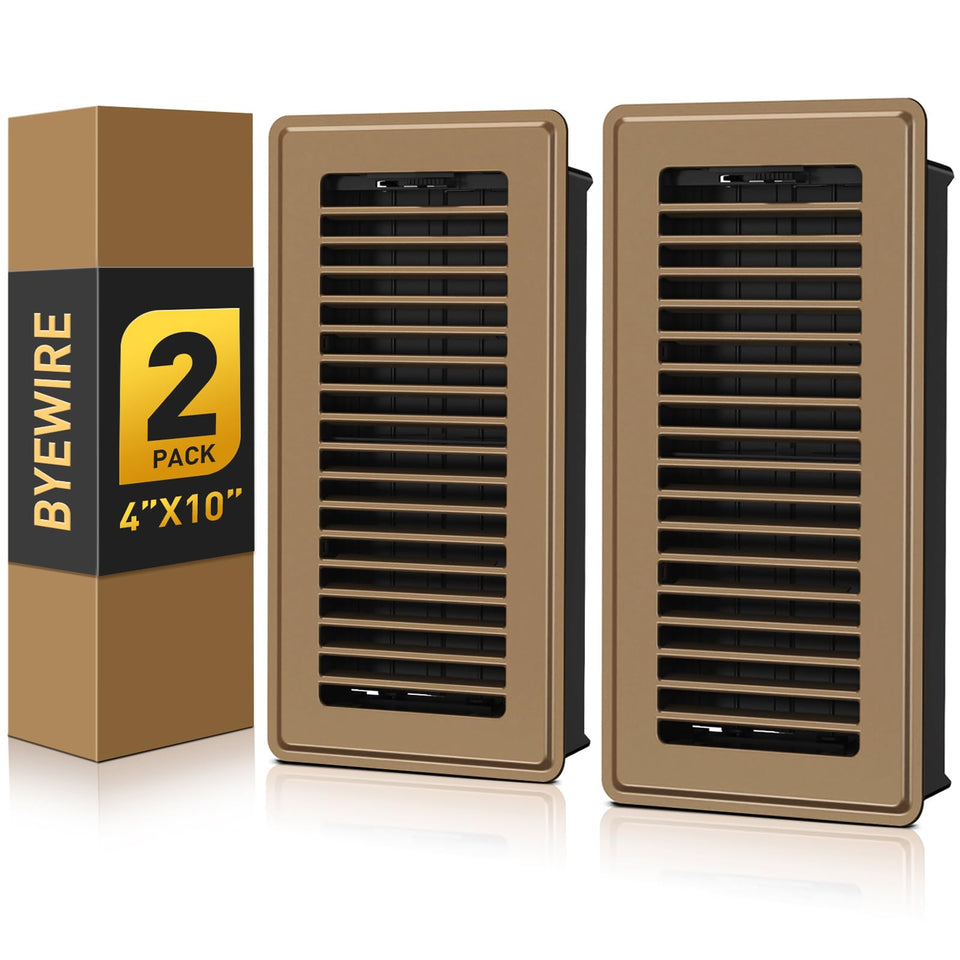 BYEWIRE floor register 4x10 front view enhances floor aesthetics and airflow.