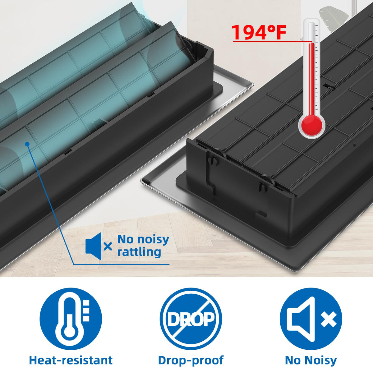 BYEWIRE floor vent cover shown on floor improves airflow.
