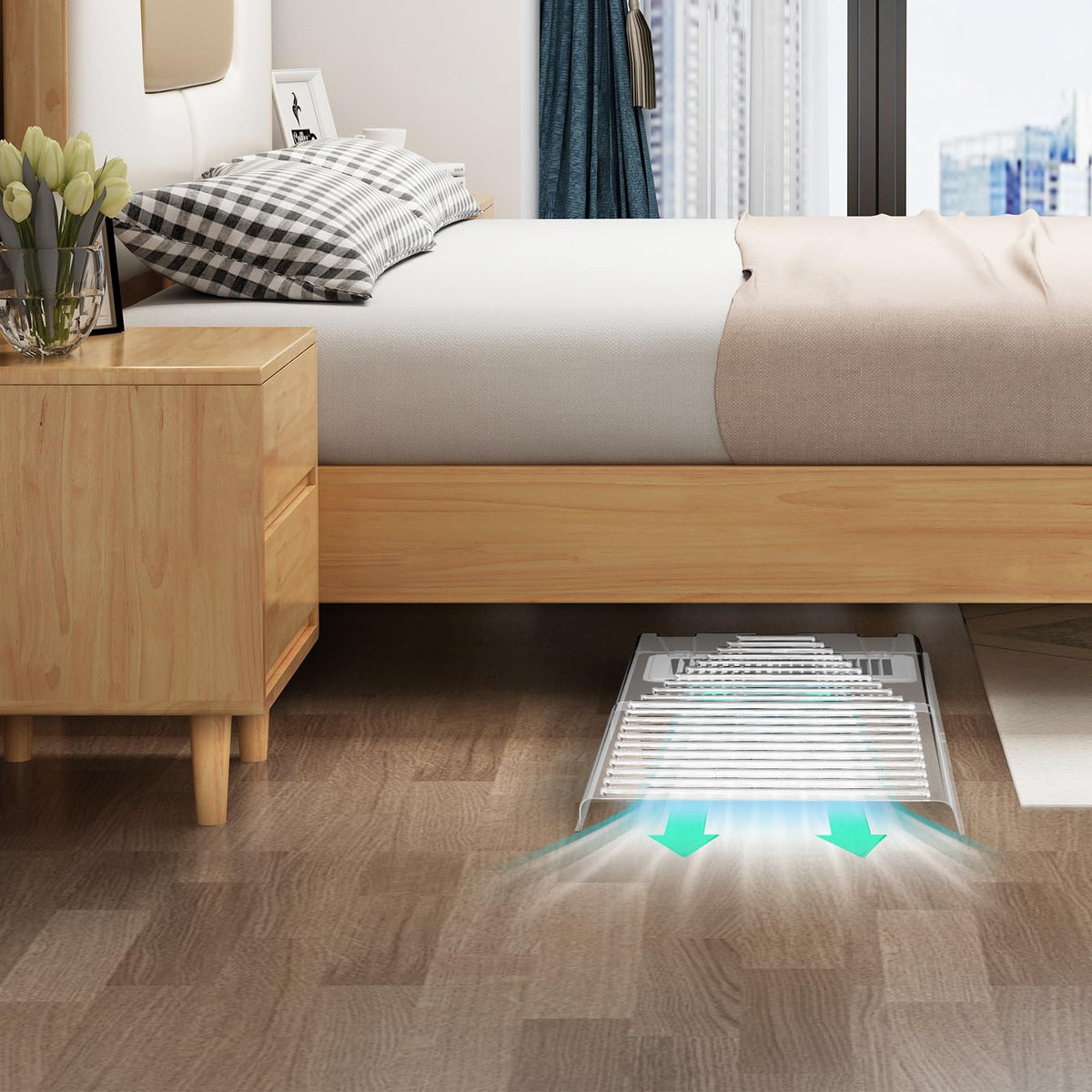 BYEWIRE vent deflector on a metal floor register with magnetic attachment.