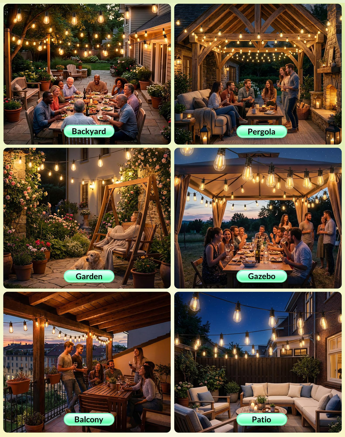BYGUQ night ambience in backyard using connectable lights for gazebo and patio.