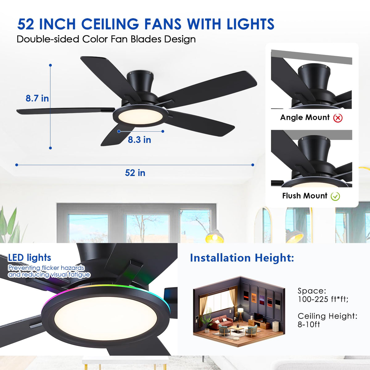 BYKISTOK 52in black ceiling fan ideal for indoor spaces
