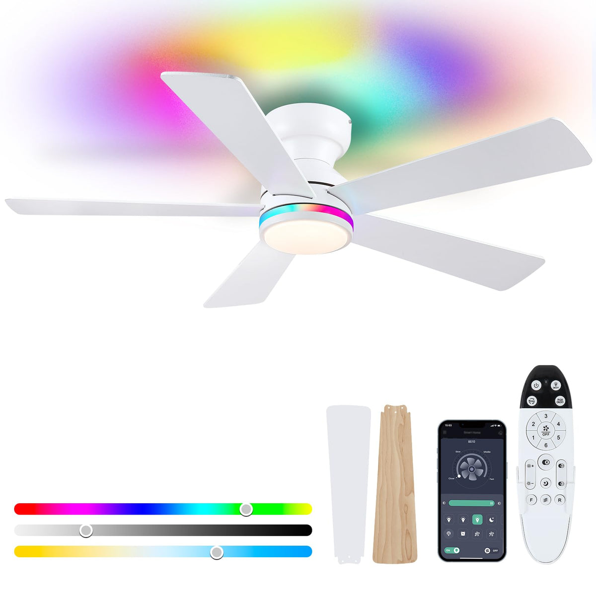 BYKISTOK White RGB ceiling fan with 46-inch blades for even airflow and integrated lighting