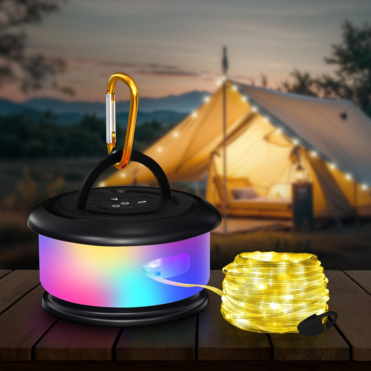 Bylitodt camping string lights around a tent for cozy outdoor ambiance.