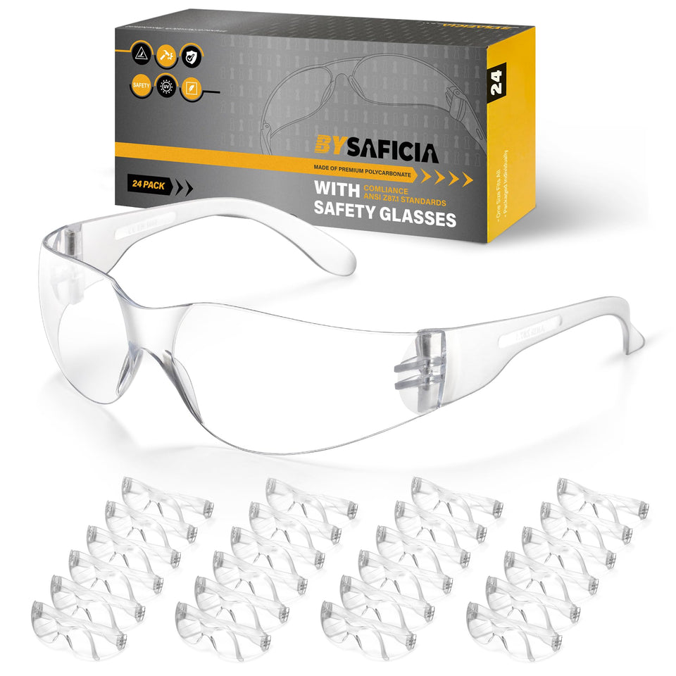 BySaficia clear safety glasses with bulk 24-pack lenses for outdoor tasks and eye protection.