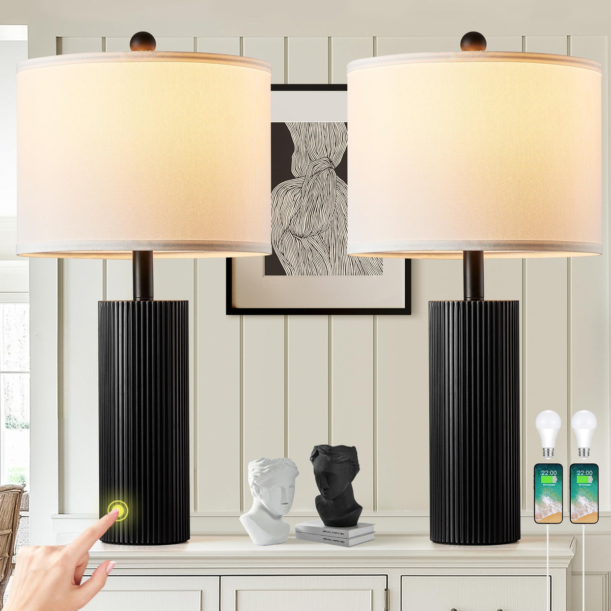 BZZMMB 24.5-inch black lamp set with USB-C and USB-A ports for charging.
