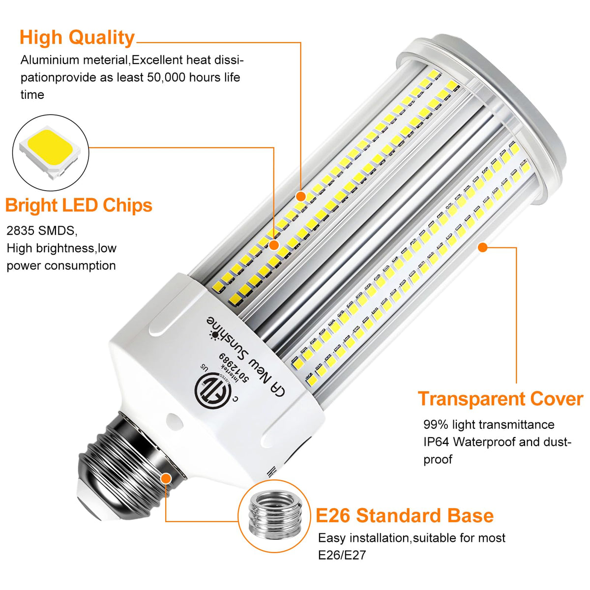 CA New Sunshine LED corn light producing 9000 lumens for wide-area coverage.