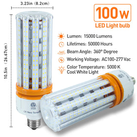 CA New Sunshine LED corn bulb with E26 base for easy, ballast-free installation.