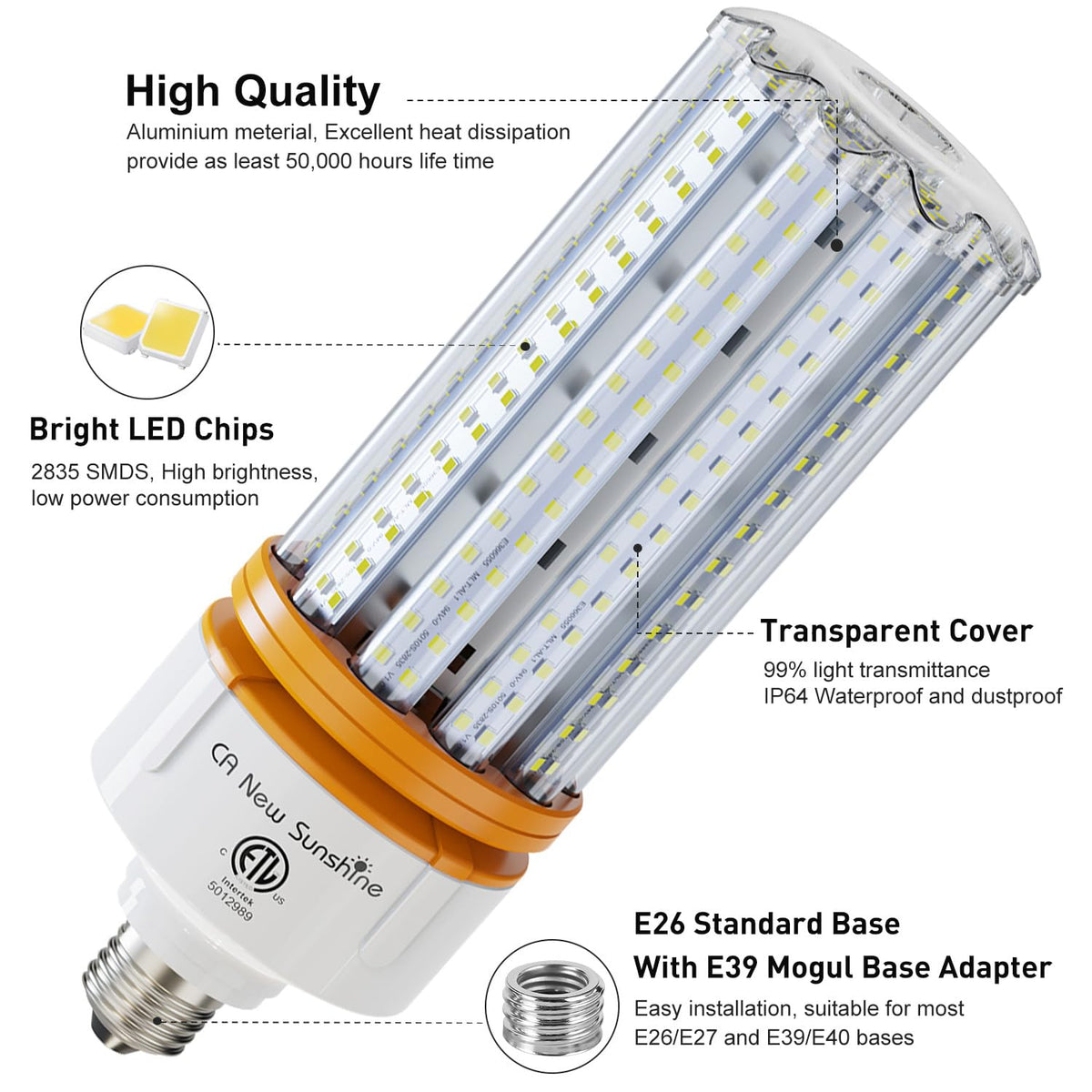 CA New Sunshine LED corn bulb with E39 mogul base for large-area lighting.
