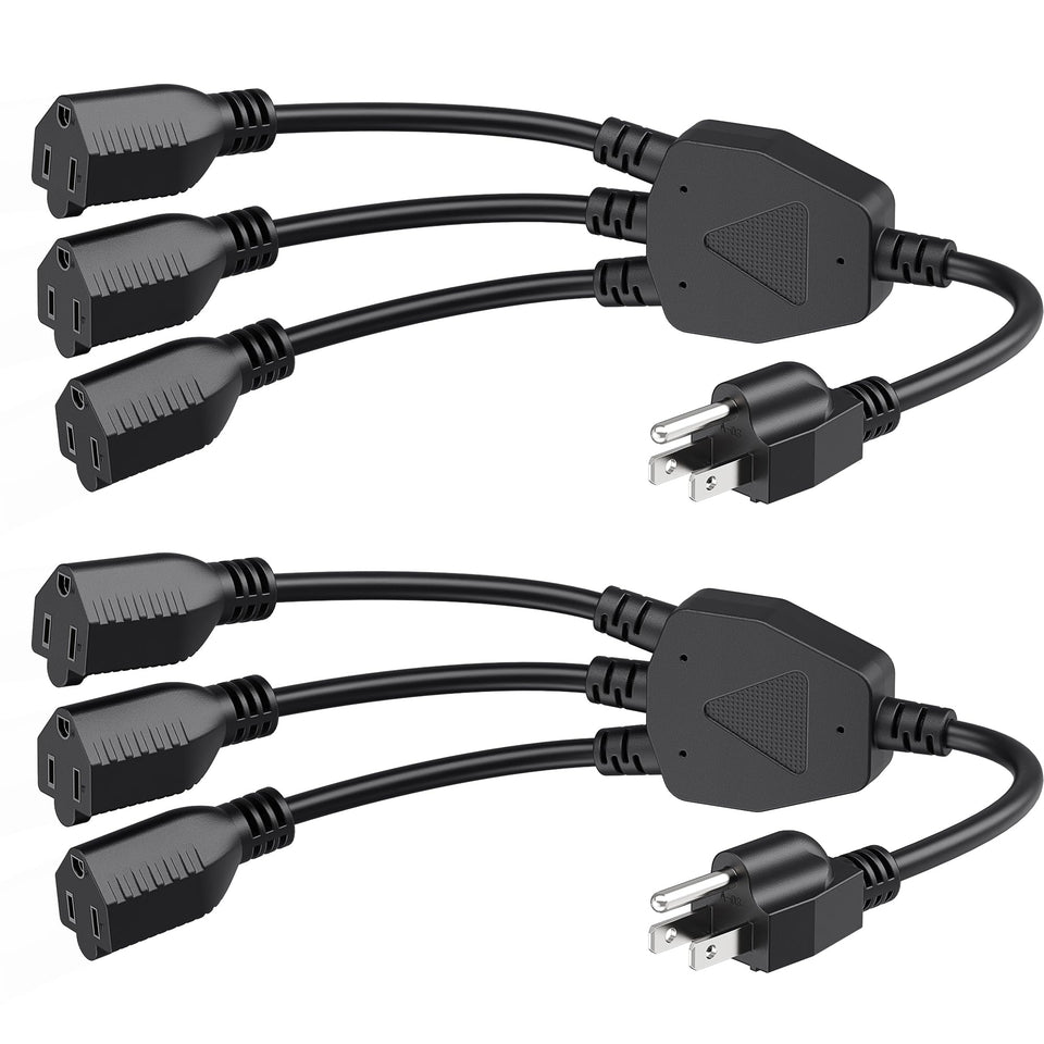 Cable Matters 2-pack 3-outlet splitter cord in use to power multiple devices.