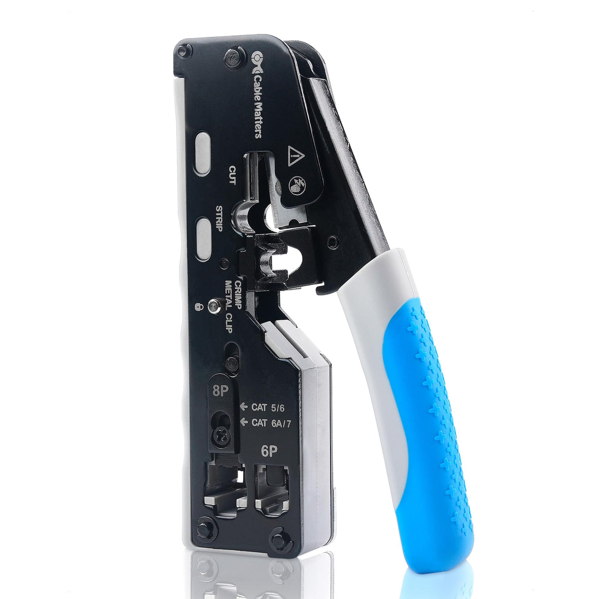 Cable Matters all-in-one Ethernet crimping tool handling Cat 8 cables for clean terminations