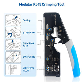 Cable Matters Cat 8 crimping tool demonstrates cut, strip, and crimp action for custom cables