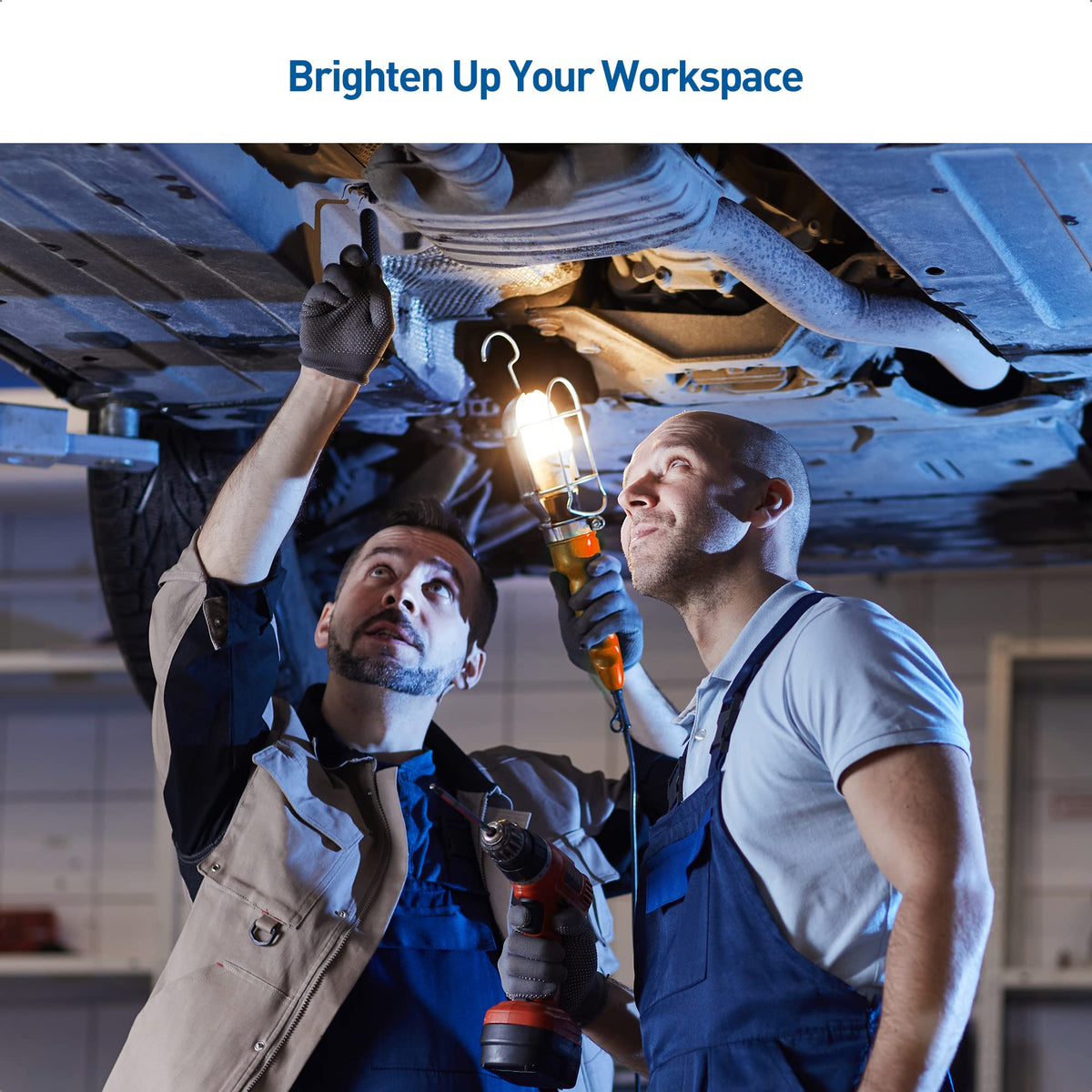 Durable trouble light with metal guard for rugged workshop use.