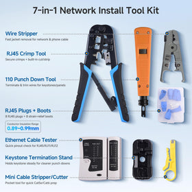 Cable Matters ethernet crimping tool closeup demonstrates built-in cutter and stripper for clean cables.