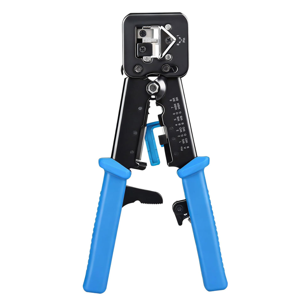 Cable Matters modular RJ45 crimp tool in use for pass-through terminations