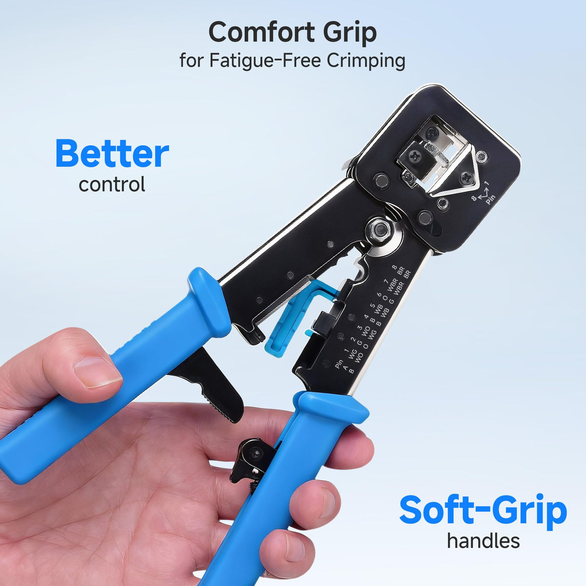 Cable Matters pass-through RJ45 crimping action in a setup