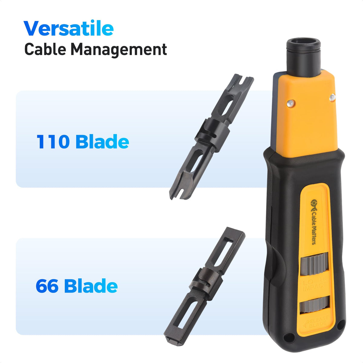 Cable Matters punch down tool shows removable blade storage inside the body