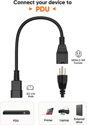 CableCreation CPU connection with 1 ft C14 to NEMA 5-15R for flexible layouts.