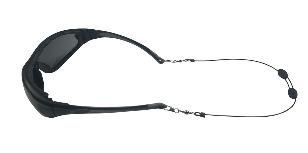 Cablz Clipz adjustable eyewear retainer in black, front view, keeps glasses secure during activities.