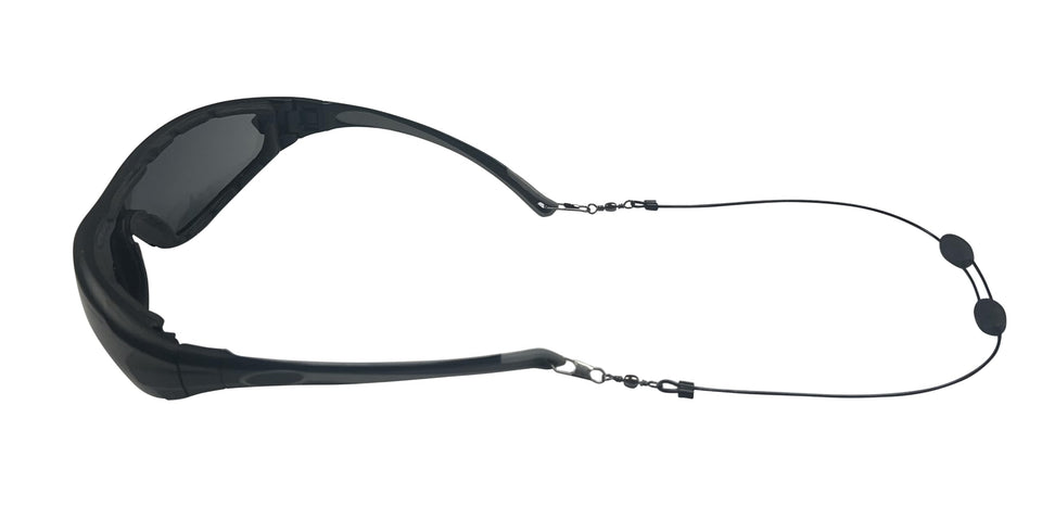 Cablz Clipz adjustable eyewear retainer in black, front view, keeps glasses secure during activities.